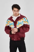 Erkek İçi Astarlı İçten Yaka Kısmı Peluşlu Beyaz Şeritli Vintage Ceket - Mürdüm - 5