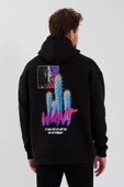 Erkek Baskılı Üç İplik Kapüşonlu Oversize Sweatshirt - Siyah - 1