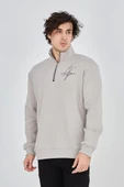 Erkek Yarım Fermuarlı Baskılı Sweat - Boyalı Gri thumbnail 5