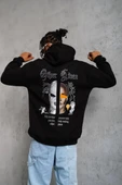 Erkek Sırt Baskılı Oversize Üç İplik Kapüşonlu Sweatshirt - Siyah thumbnail 5