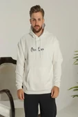Erkek Sırt Baskılı Oversize Üç İplik Kapüşonlu Sweatshirt - Beyaz thumbnail 2