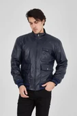 Erkek Fermuarlı İçten Elyaf ve Astarlı Suni Deri Ceket - Lacivert thumbnail 7