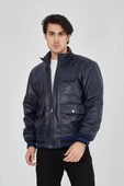 Erkek Fermuarlı İçten Elyaf ve Astarlı Suni Deri Ceket - Lacivert thumbnail 2