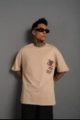 Erkek Sırt Baskılı A Kalite Oversize T-shirt - Bej - 3