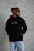Erkek Kordon İpli Baskılı Kapüşonlu Sweatshirt - Siyah - 1