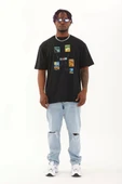 Unisex Oversize Baskılı Bisiklet Yaka T-Shirt - Siyah - 4