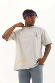 Unisex Oversize Baskılı Bisiklet Yaka T-Shirt - Gri - 1