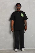 Unisex Oversize Baskılı Bisiklet Yaka T-Shirt - Siyah - 3