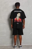 Unisex Oversize Baskılı Bisiklet Yaka T-Shirt - Siyah - 5