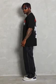 Unisex Oversize Baskılı Bisiklet Yaka T-Shirt - Siyah - 6