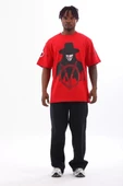 Unisex Oversize Baskılı Bisiklet Yaka T-Shirt - Kırmızı - 1