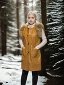 Kadın Kolsuz Hakiki Deri Kürk - Hardal - 1