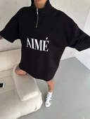 Unisex Yarım Fermuarlı Baskılı T-Shirt - Siyah thumbnail 2