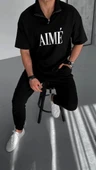 Unisex Yarım Fermuarlı Baskılı T-Shirt - Siyah thumbnail 2