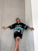 Unisex Baskılı Yarım Fermuarlı T-Shirt - Siyah thumbnail 4