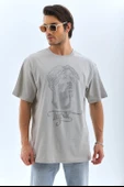 Unisex Oversize Taşlı Bisiklet Yaka T-Shirt - Gri - 8