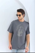 Unisex Oversize Taşlı Bisiklet Yaka T-Shirt - Füme thumbnail 8