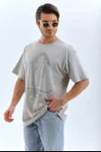 Unisex Oversize Taşlı Bisiklet Yaka T-Shirt - Gri - 5