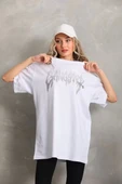 Unisex Taş Desenli Oversize T-Shirt - Beyaz thumbnail 3