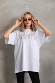 Unisex Taş Desenli Oversize T-Shirt - Beyaz thumbnail 6