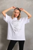 Unisex Taş Desenli Oversize T-Shirt - Beyaz thumbnail 6