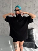 Unisex Yarım Fermuarlı Basic T-Shirt - Siyah thumbnail 2