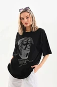 Unisex Taş Desenli Oversize T-Shirt - Siyah thumbnail 1