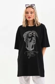 Unisex Taş Desenli Oversize T-Shirt - Siyah thumbnail 5