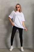 Unisex Taş Desenli Oversize T-Shirt - Beyaz thumbnail 5