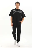 Unisex Oversize Taşlı T-Shirt - Siyah thumbnail 4