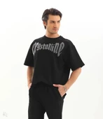 Unisex Oversize Taşlı T-Shirt - Siyah thumbnail 3