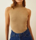 Kadın Full Likralı Fitilli Kaşkorse Body - Camel thumbnail 1