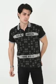 Erkek Yakalı Slim Fit Baskılı T-Shirt - Siyah thumbnail 5