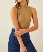 Kadın Full Likralı Fitilli Kaşkorse Body - Camel thumbnail 4