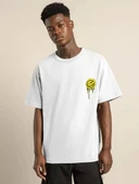 Unisex Bisiklet Yaka Baskılı Oversize T-Shirt - Beyaz thumbnail 1