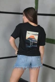 Unisex Bisiklet Yaka Baskılı Oversize T-Shirt - Siyah thumbnail 2