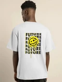 Unisex Bisiklet Yaka Baskılı Oversize T-Shirt - Beyaz thumbnail 3