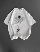 Unisex Bisiklet Yaka Baskılı Oversize T-Shirt - Beyaz thumbnail 3