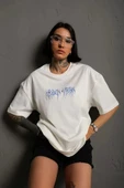 Unisex Bisiklet Yaka Baskılı Oversize T-Shirt - Beyaz thumbnail 1