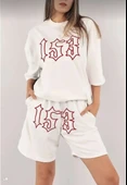 Kadın Unisex Nakış İşlemeli Şort Takım - Beyaz thumbnail 1