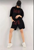 Kadın Unisex Nakış İşlemeli Şort Takım - Siyah thumbnail 2