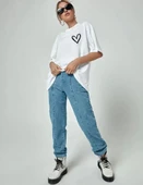 Kadın Bisiklet Yaka Baskılı Oversize T-Shirt - Beyaz thumbnail 3