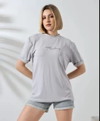 Unisex Bisiklet Yaka Baskılı Slim Fit T-Shirt - Boyalı Gri thumbnail 3