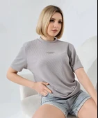 Unisex Bisiklet Yaka Baskılı Slim Fit T-Shirt - Boyalı Gri thumbnail 2