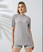 Unisex Bisiklet Yaka Baskılı Slim Fit T-Shirt - Boyalı Gri thumbnail 1