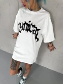 Unisex Bisiklet Yaka Baskılı Oversize T-Shirt - Beyaz thumbnail 1