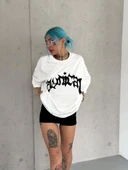 Unisex Bisiklet Yaka Baskılı Oversize T-Shirt - Beyaz thumbnail 2
