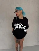 Unisex Bisiklet Yaka Baskılı Oversize T-Shirt - Siyah thumbnail 2