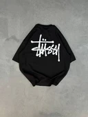 Unisex Bisiklet Yaka Baskılı Oversize T-Shirt - Siyah thumbnail 2