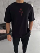 Unisex Bisiklet Yaka Baskılı Oversize T-Shirt - Siyah thumbnail 1